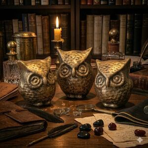 Upcycled Faux Brass Finish Ceramic Owl Trio –Dark Academia Aesthetic-Moody Decor